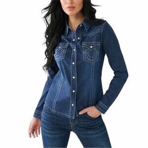 True Religion Chambray Western Denim Shirt Shacket Dark Pearl Snap Button New M